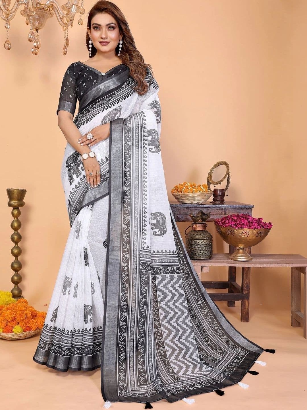 Mitera Warli Linen Blend Designer Saree thumbnail 3