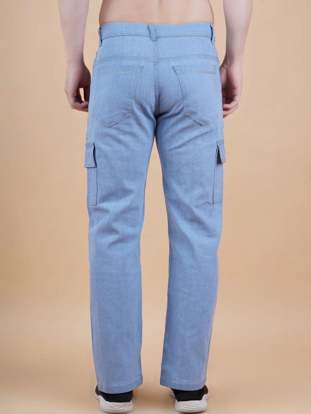 HERE&NOW Men's Light Blue Wash Straight Fit Cargo Jeans with Flap Pockets thumbnail 3