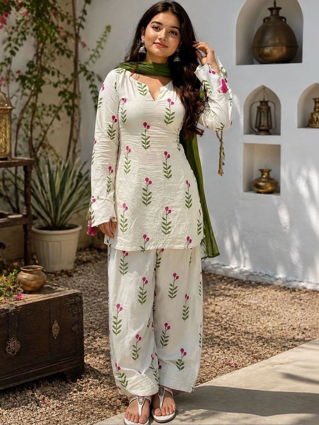 Dress21 Women Floral Printed Regular Pure Cotton Kurta with Patiala & With Dupatta thumbnail 5