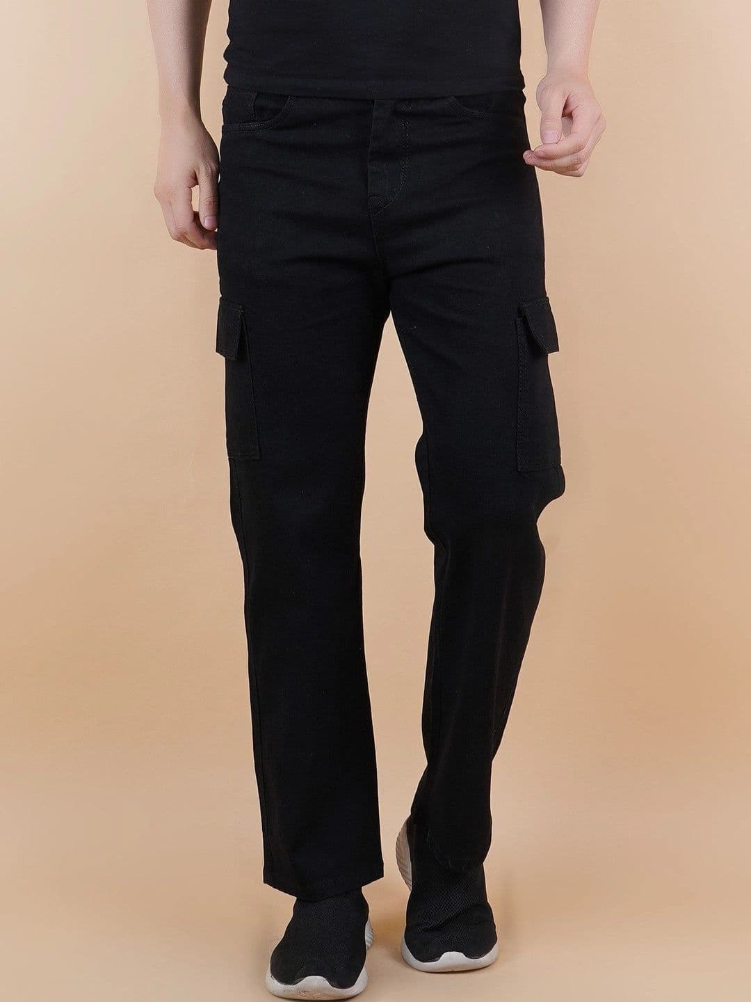 HERE&NOW Men's Jet Black Mid-Rise Straight Fit Cargo Jeans - view 1
