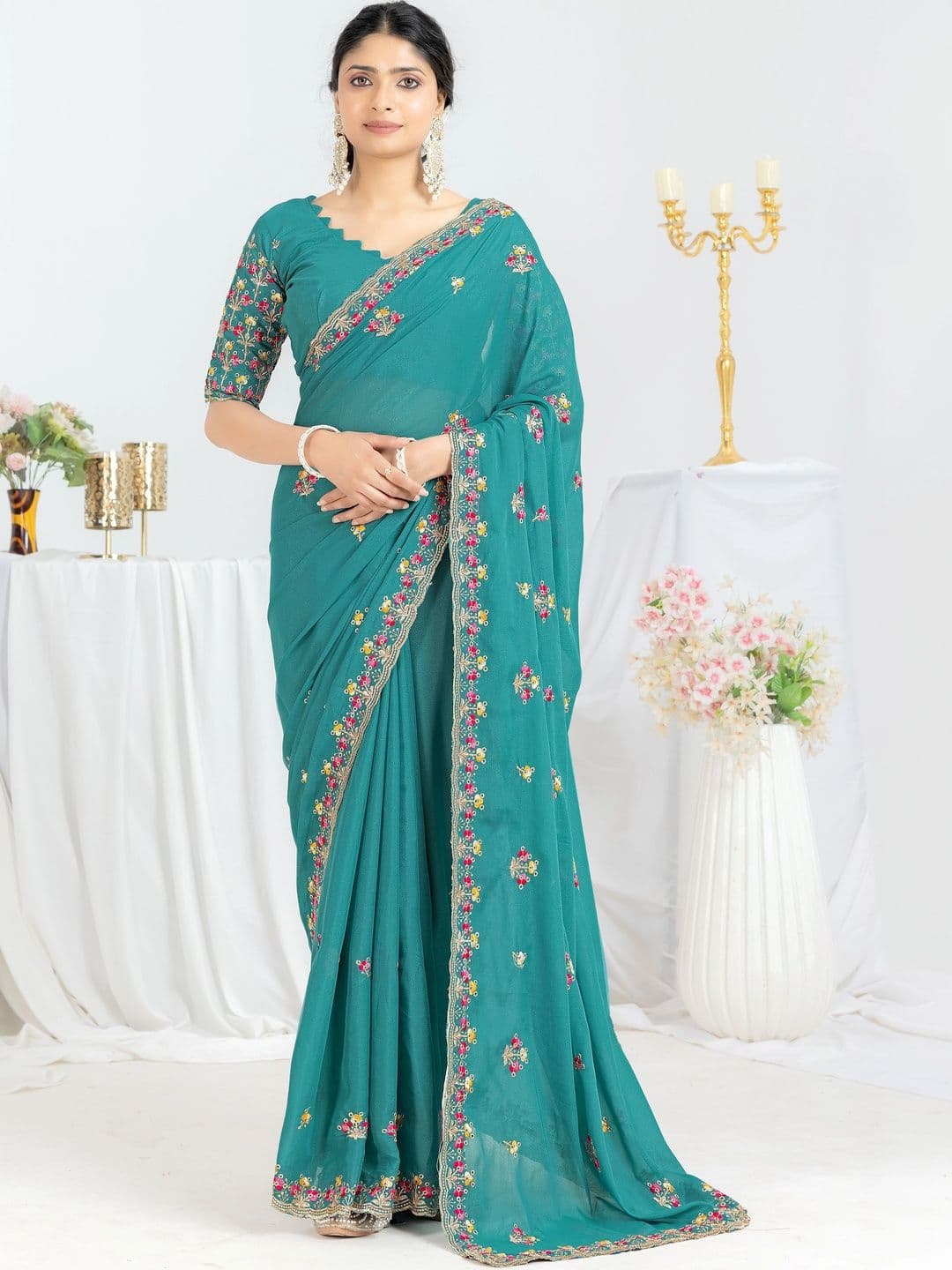 Saanvi Floral Embroidered Poly Georgette Saree thumbnail 6