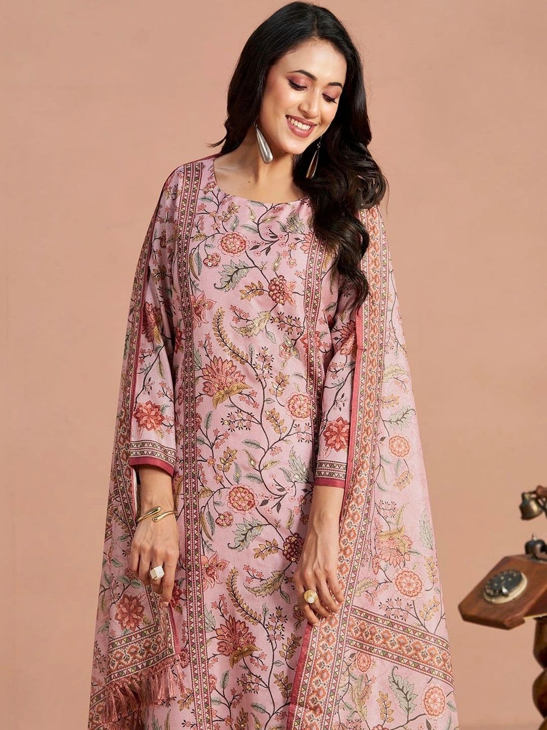 House of Pataudi Printed Round Neck Kurta & Palazzos With Dupatta thumbnail 5