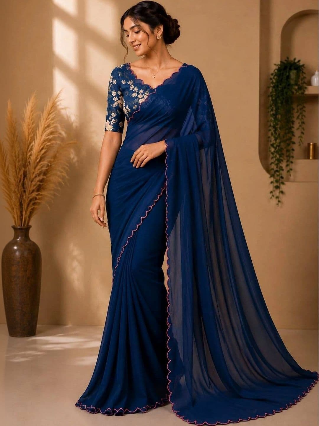 Vastra Drape Floral Embroidered Poly Georgette Saree - view 1