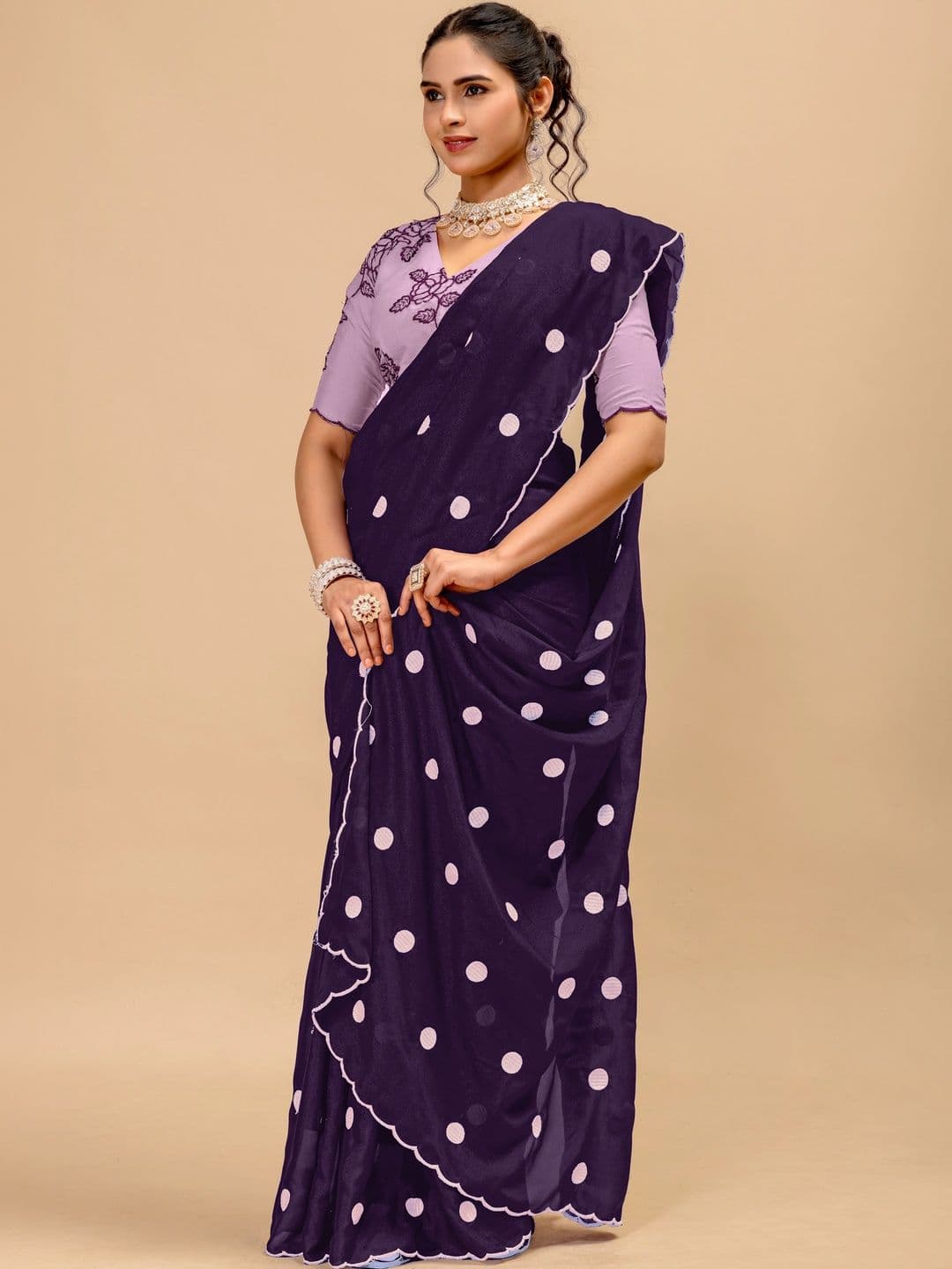 LabelVASTRA Polka Dot Embroidered Poly Georgette Saree - view 1