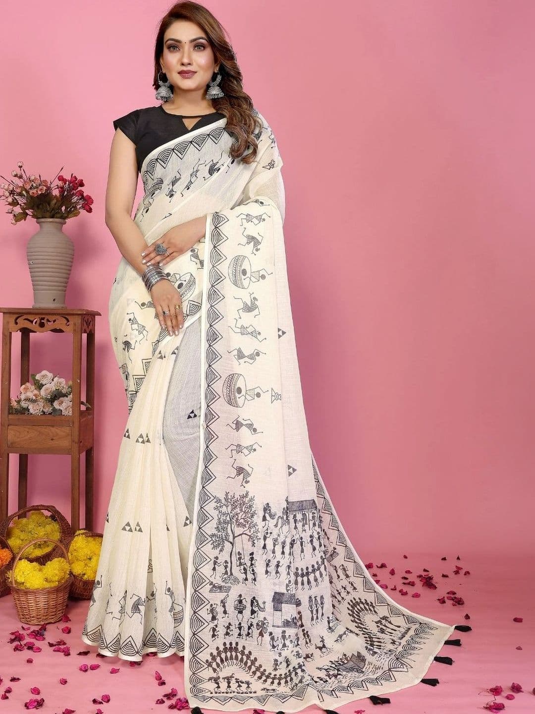 Mitera Warli Linen Blend Designer Saree thumbnail 5