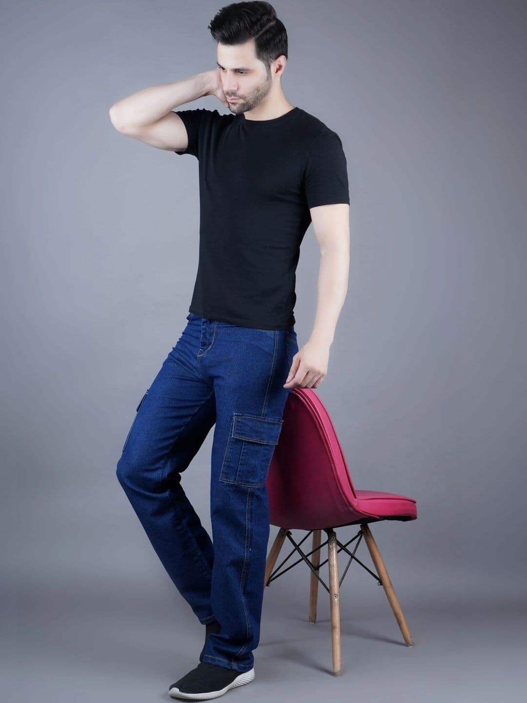 HERE&NOW Men's Dark Blue Mid-Rise Straight Fit Cargo Jeans with Contrast Stitching thumbnail 2
