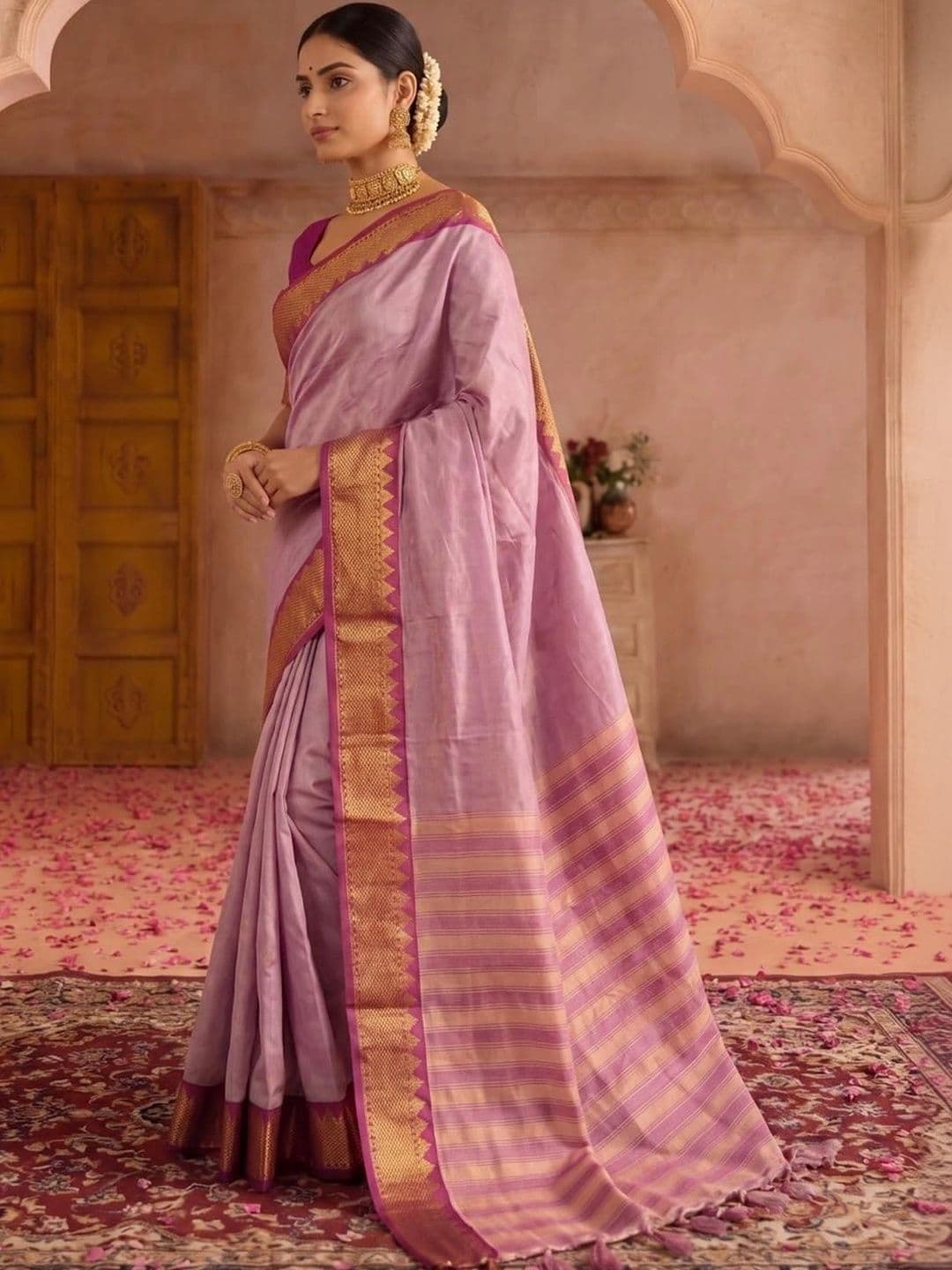 SAMANTHA Striped Zari Silk Blend Banarasi Saree thumbnail 2