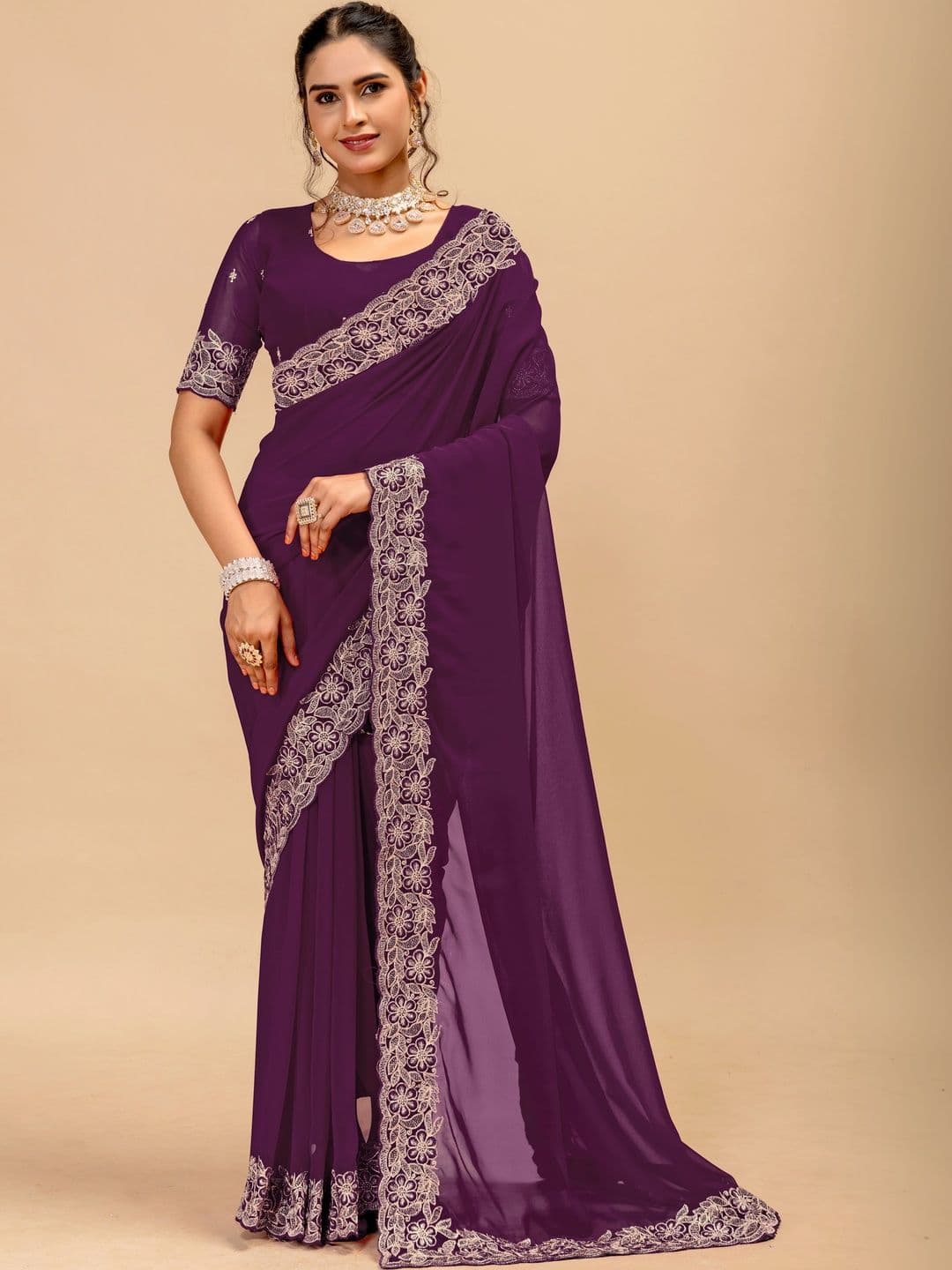 LabelVASTRA Floral Embroidered Poly Georgette Saree - view 1
