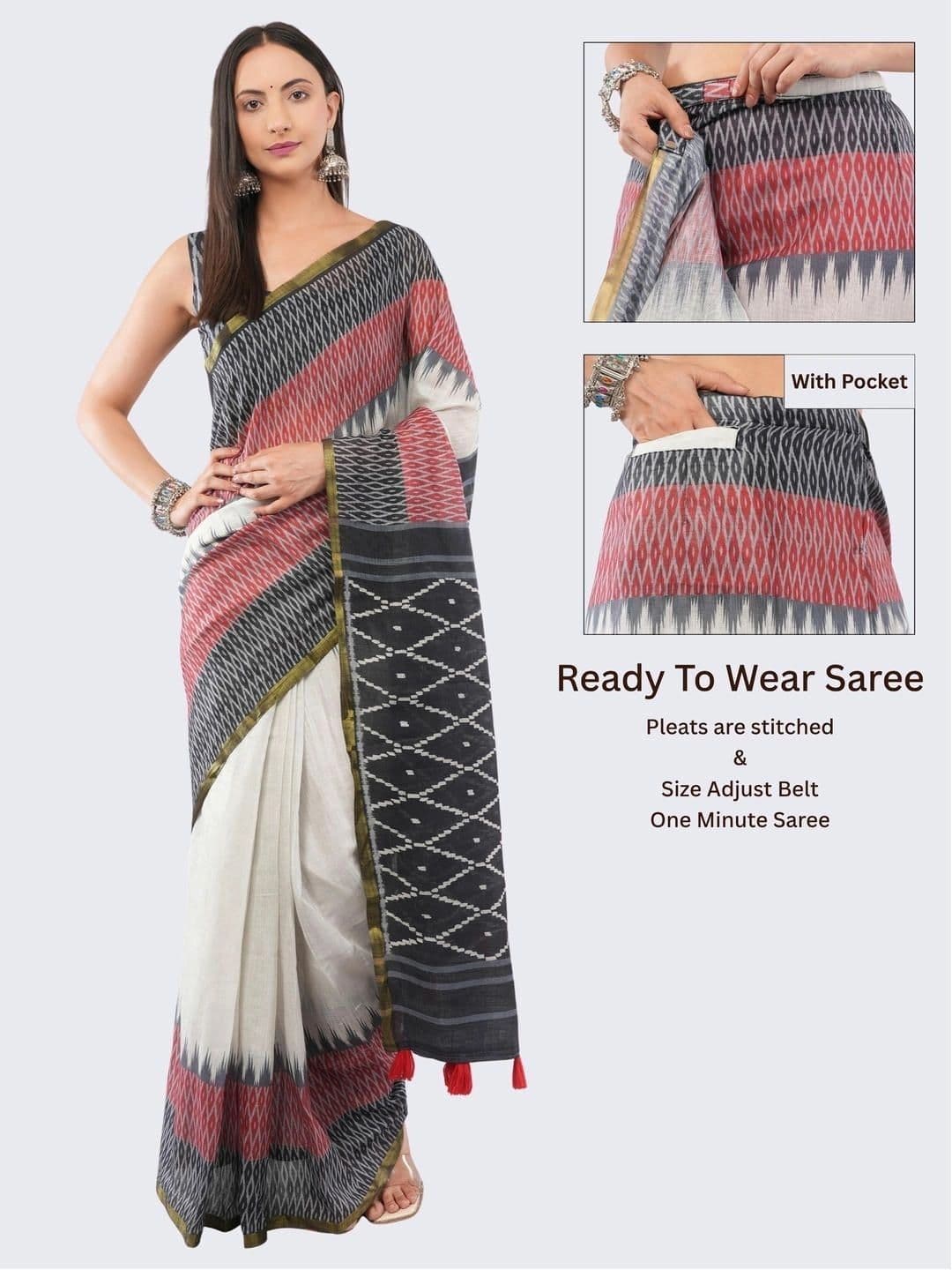 SAMANTHA Ethnic Motifs Zari Linen Blend Belted Ikat Saree thumbnail 3