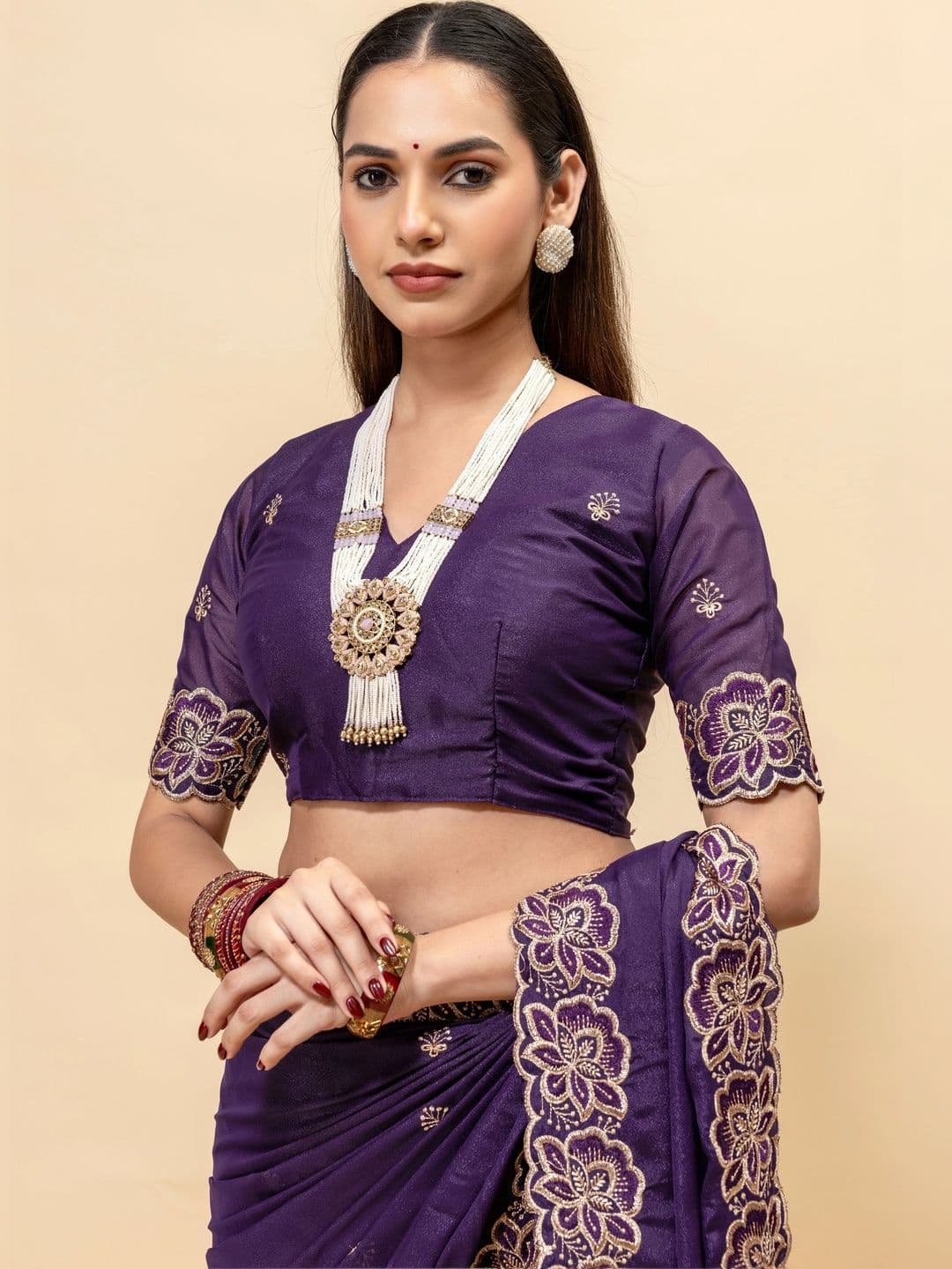 Vastra Drape Embellished Embroidered Poly Georgette Saree thumbnail 6