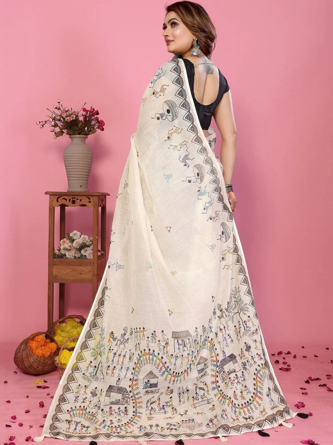 Mitera Warli Linen Blend Designer Saree thumbnail 7