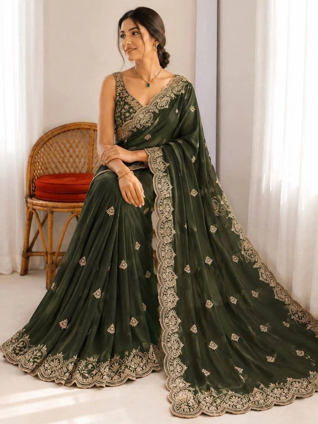 Vastra Drape Embellished Embroidered Poly Georgette Saree thumbnail 2