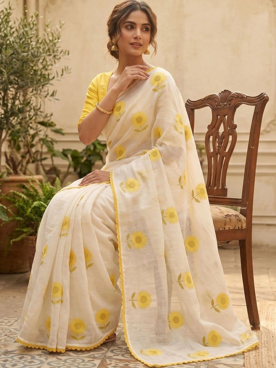 STAVA CREATION Floral Pure Linen Designer Saree thumbnail 6