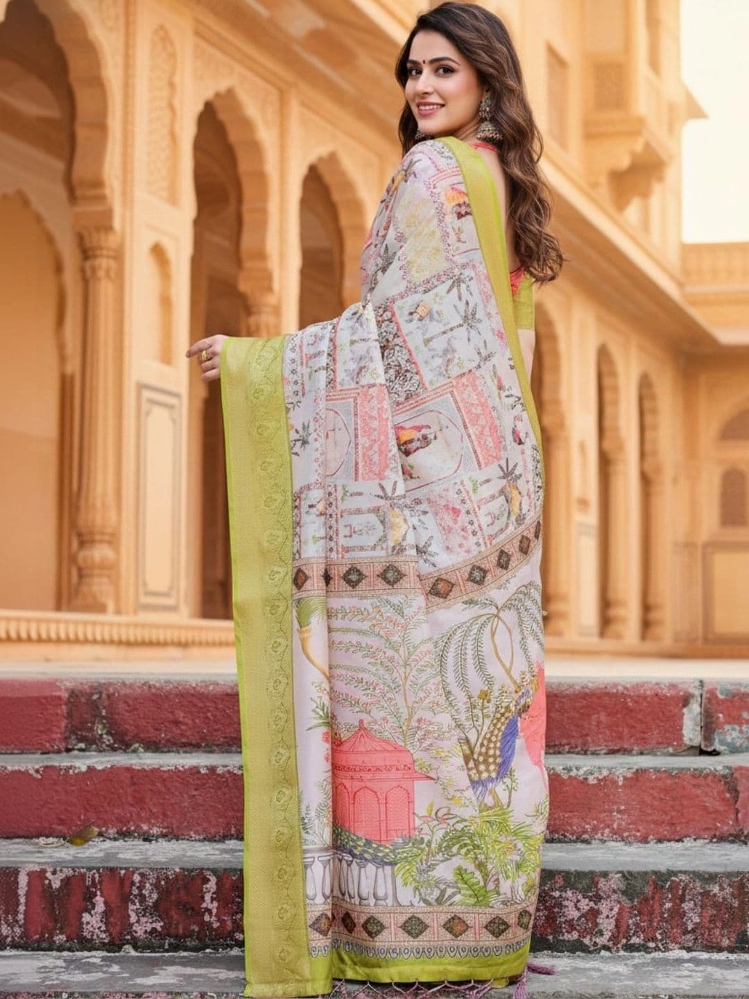 Mitera Floral Printed Tussar Silk Designer Saree thumbnail 4