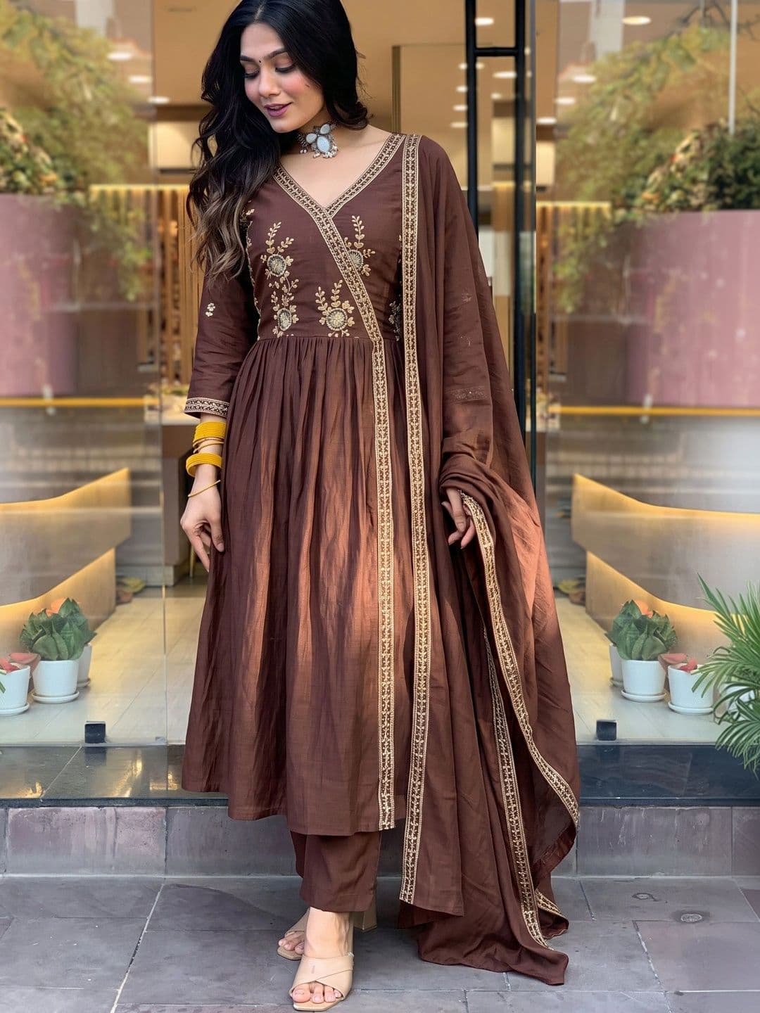 Anouk Women Ethnic Motifs Embroidered Angrakha Thread Work Pure Silk Kurta with Trousers & With Dupatta - view 1