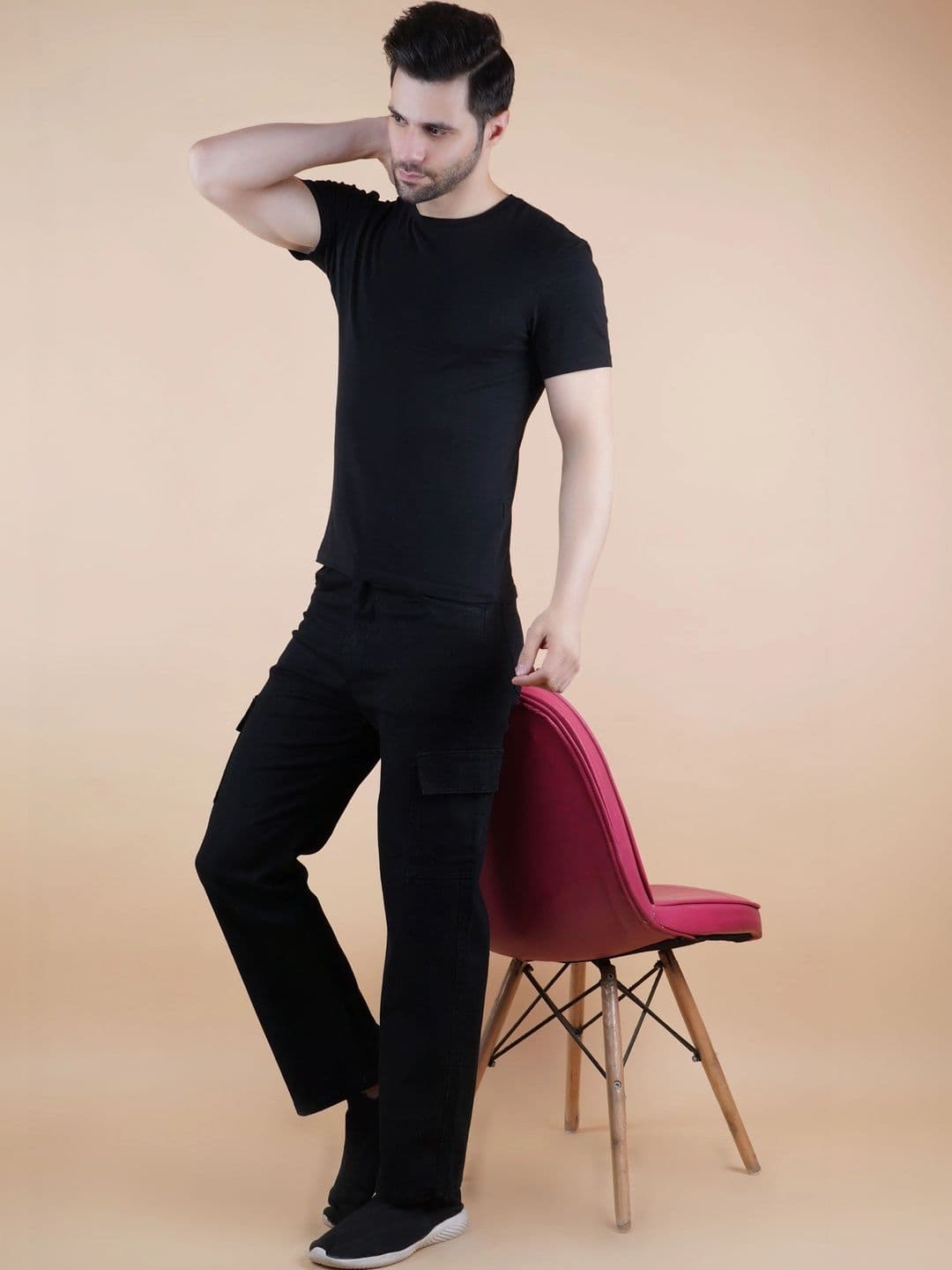 HERE&NOW Men's Jet Black Mid-Rise Straight Fit Cargo Jeans thumbnail 4