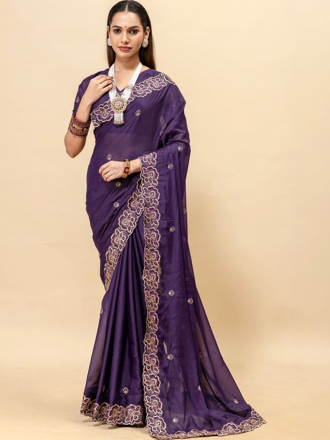 Vastra Drape Embellished Embroidered Poly Georgette Saree thumbnail 4