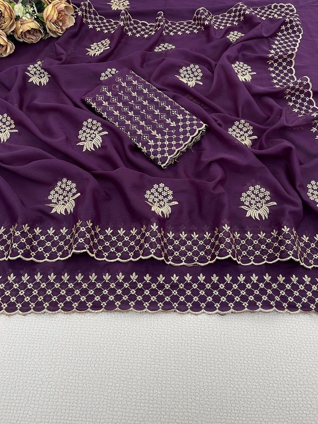 Vastra Drape Floral Embroidered Poly Georgette Saree thumbnail 5