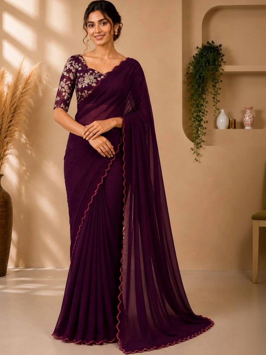 Vastra Drape Floral Embroidered Poly Georgette Saree - view 1