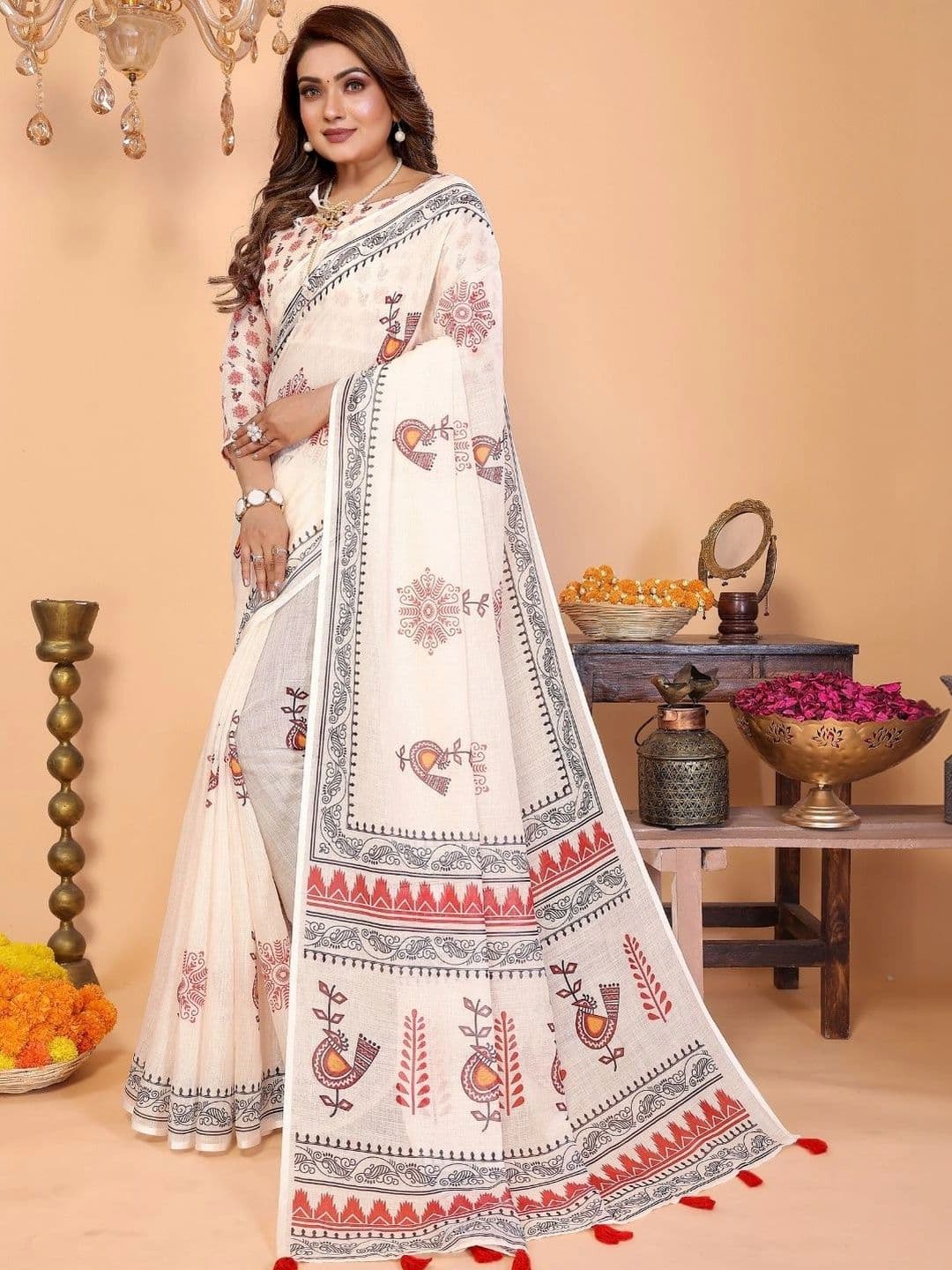 Mitera Warli Linen Blend Designer Saree thumbnail 3