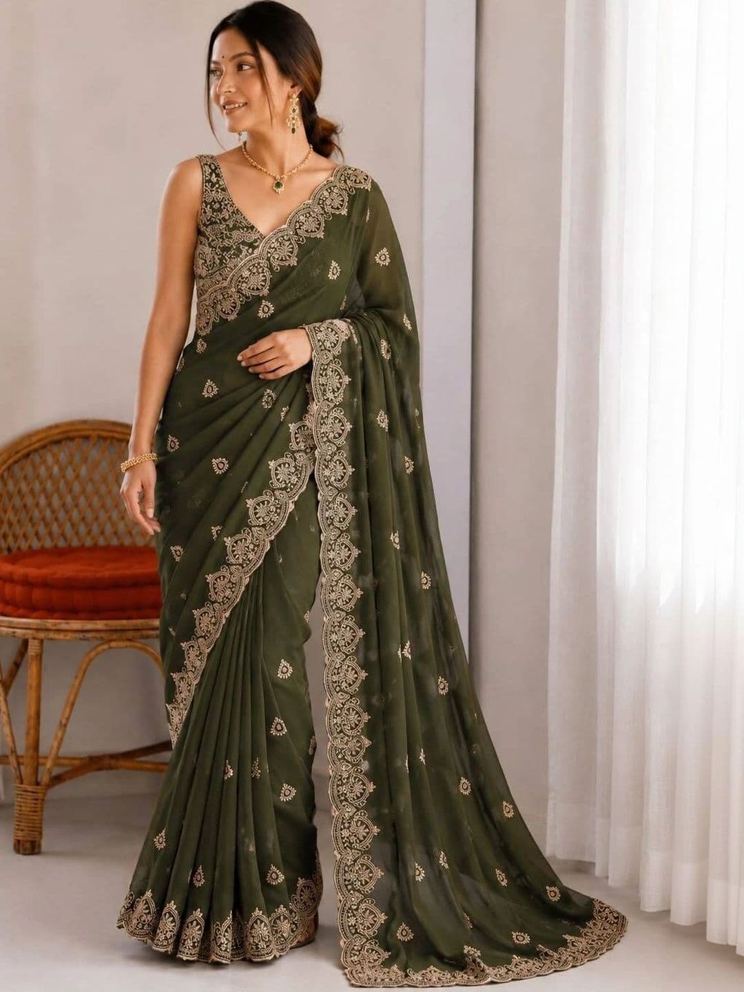 Vastra Drape Embellished Embroidered Poly Georgette Saree - view 1