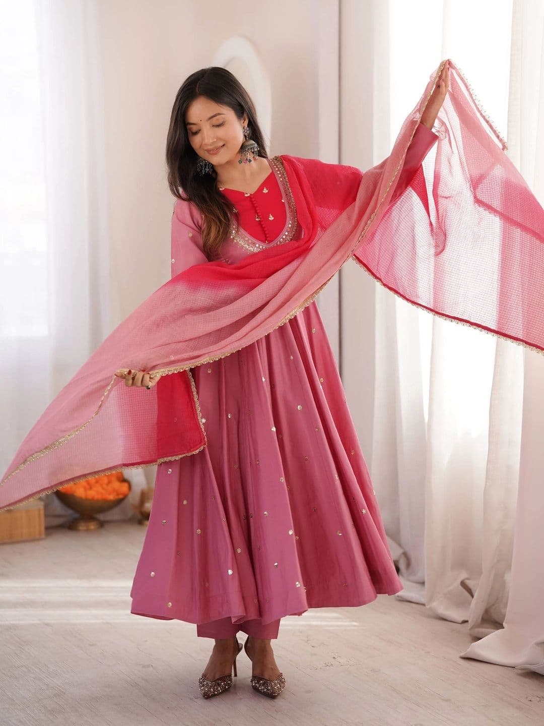 NORAFLEX Women Empire Sequinned Kurta with Trousers & With Dupatta thumbnail 4