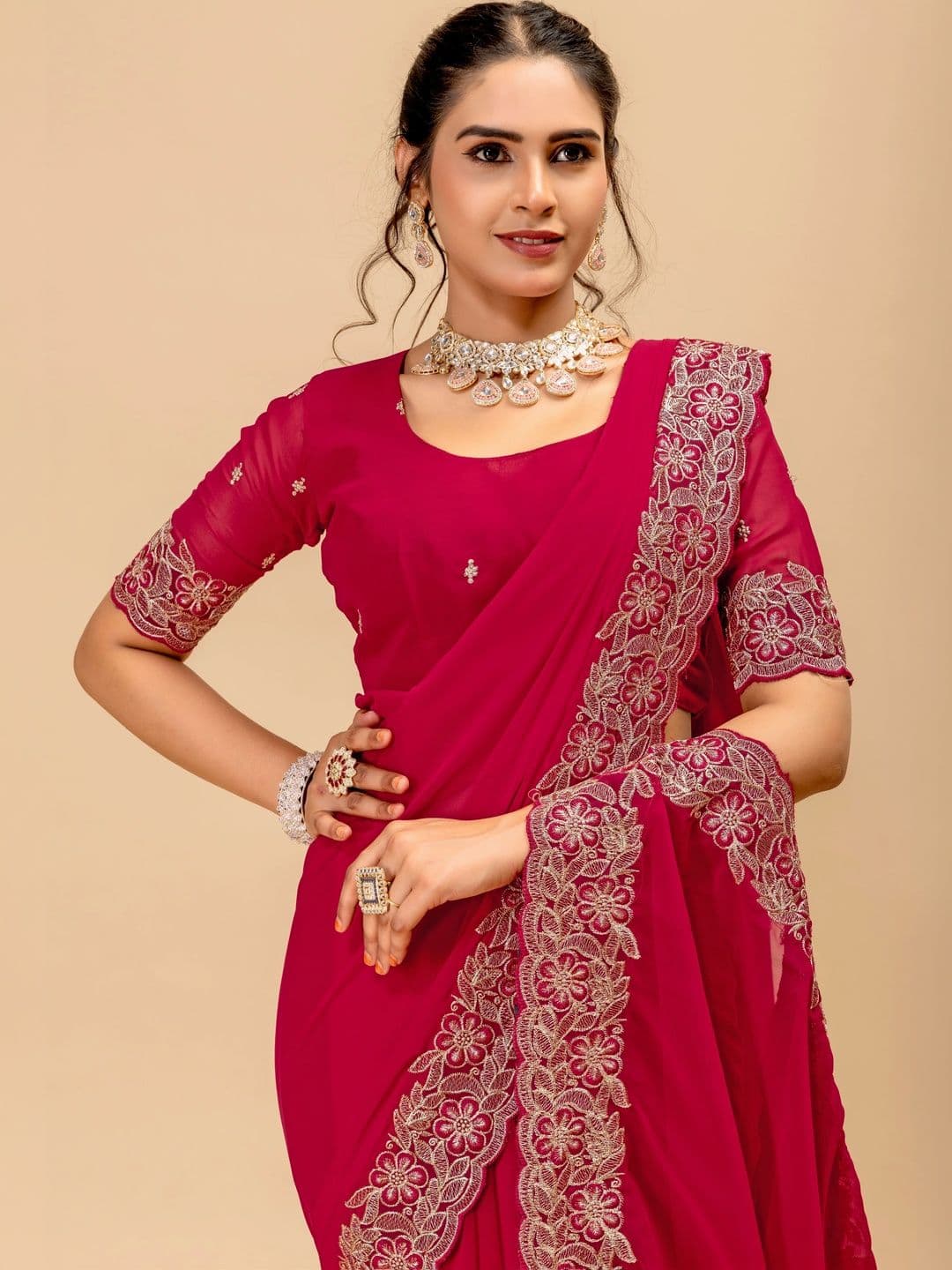 Vastra Drape Floral Embroidered Poly Georgette Saree thumbnail 2