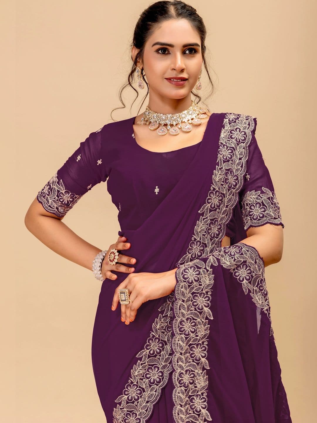 LabelVASTRA Floral Embroidered Poly Georgette Saree thumbnail 3