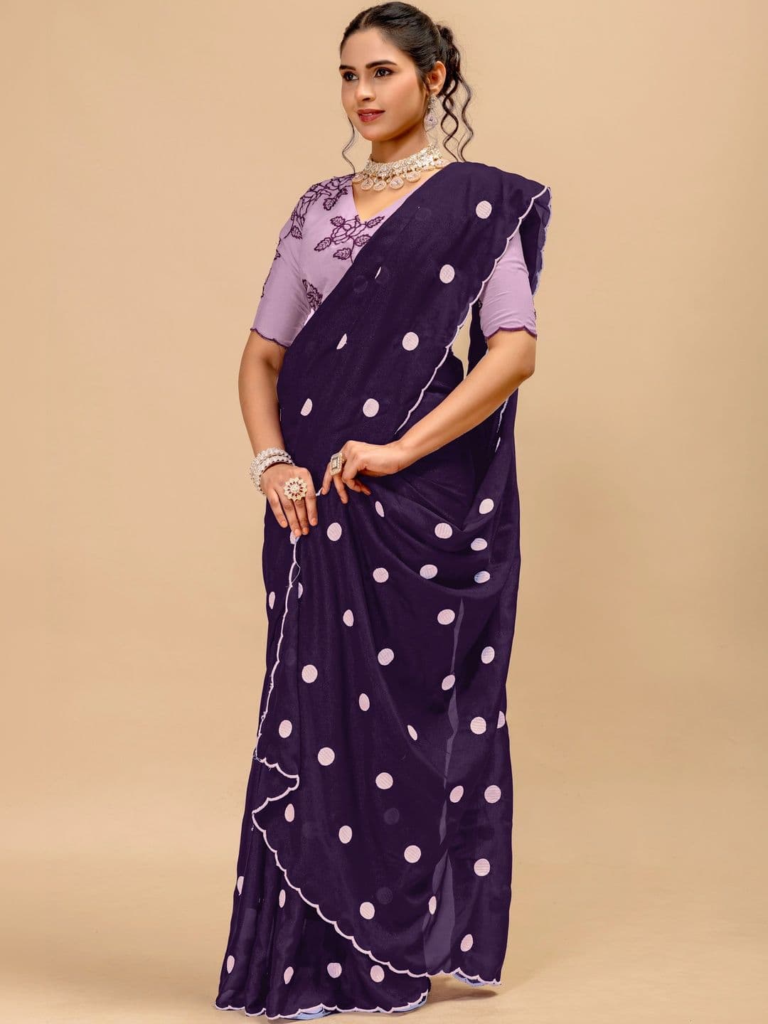 Vastra Drape Polka Dot Embroidered Poly Georgette Saree - view 1