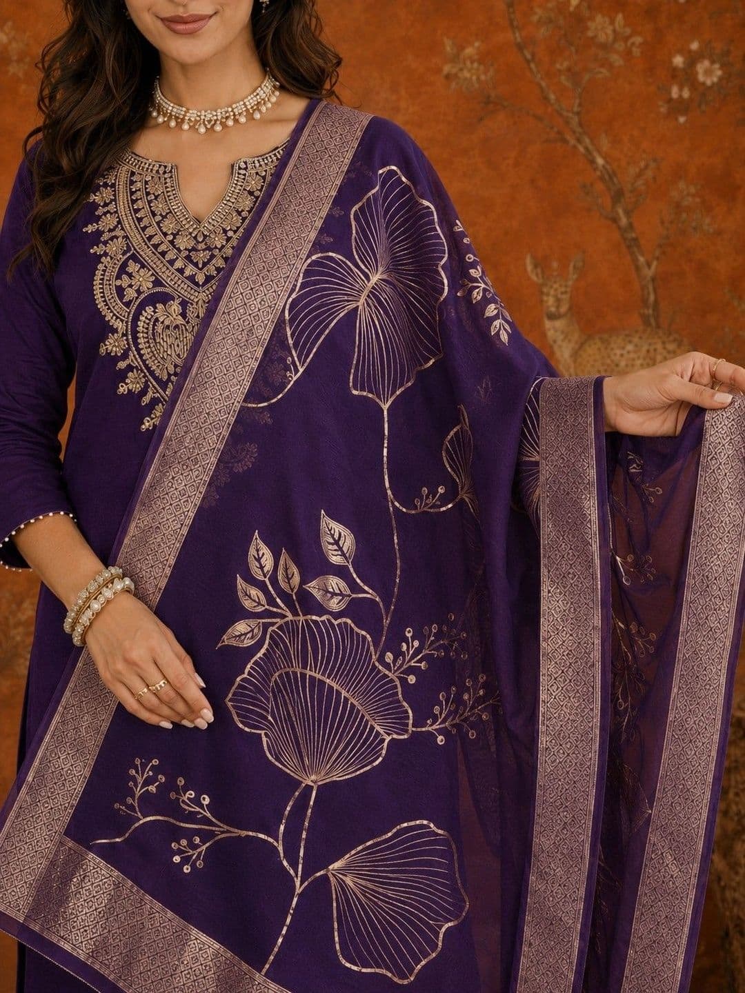 Sangria Women Ethnic Motifs Embroidered Regular Thread Work  Kurta & Trousers With Dupatta thumbnail 4
