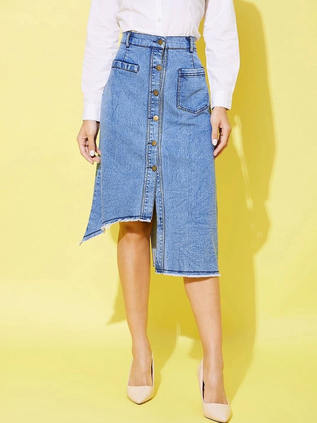 Chemistry Women Denim Washed Front Slit Midi A-Line Skirt thumbnail 4