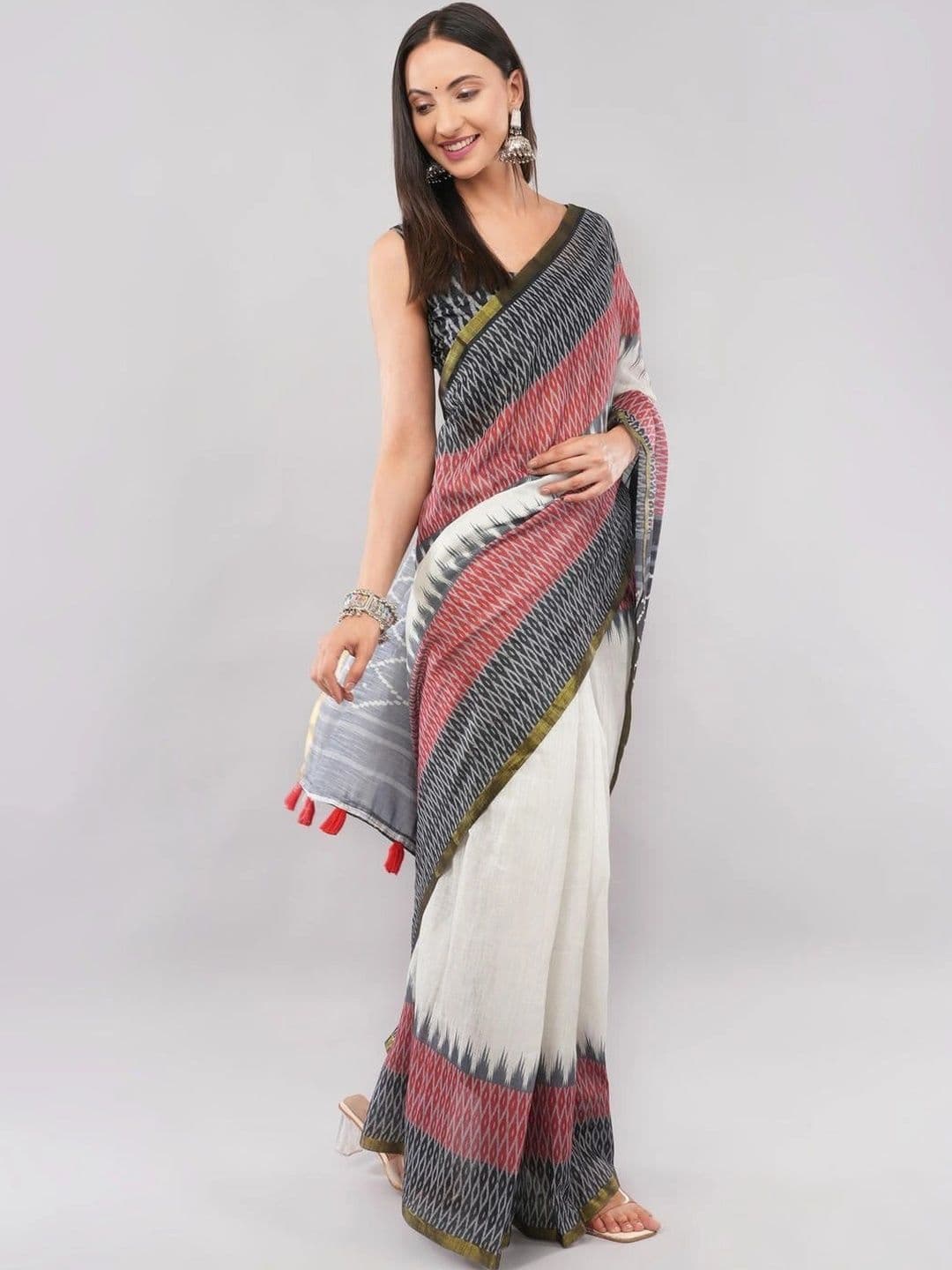 SAMANTHA Ethnic Motifs Zari Linen Blend Belted Ikat Saree thumbnail 2