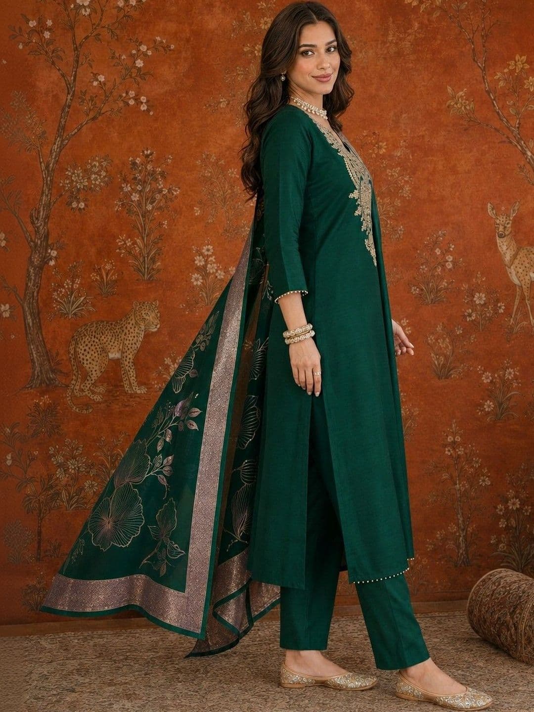 Sangria Women Ethnic Motifs Embroidered Regular Work Kurta with Trousers & With Dupatta thumbnail 3