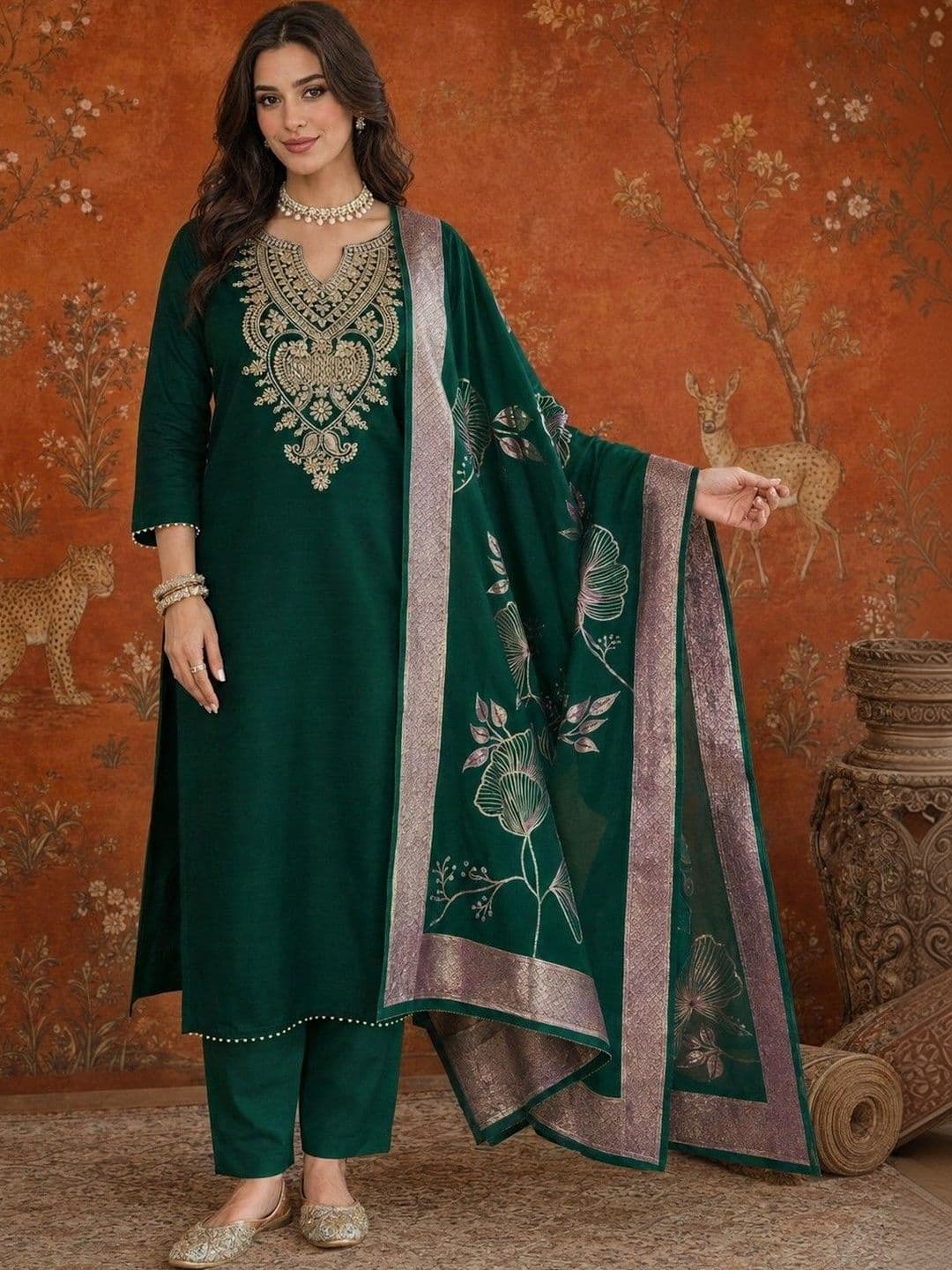 Sangria Women Ethnic Motifs Embroidered Regular Work Kurta with Trousers & With Dupatta - view 1