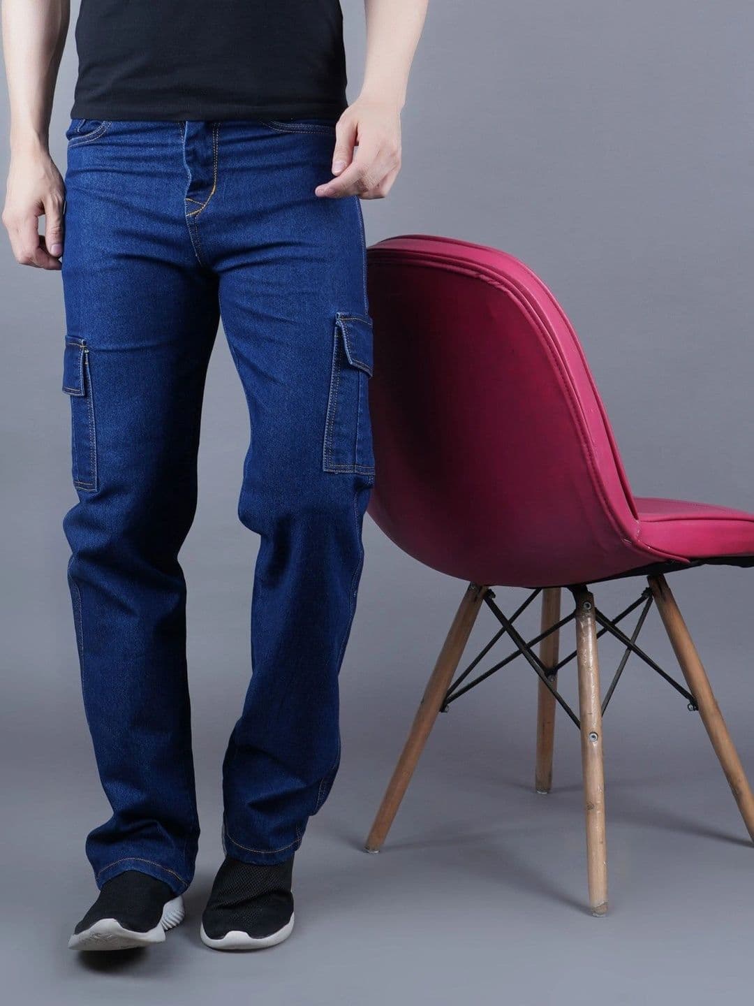 HERE&NOW Men's Dark Wash Cargo Straight Leg Jeans with Contrast Stitching - view 1