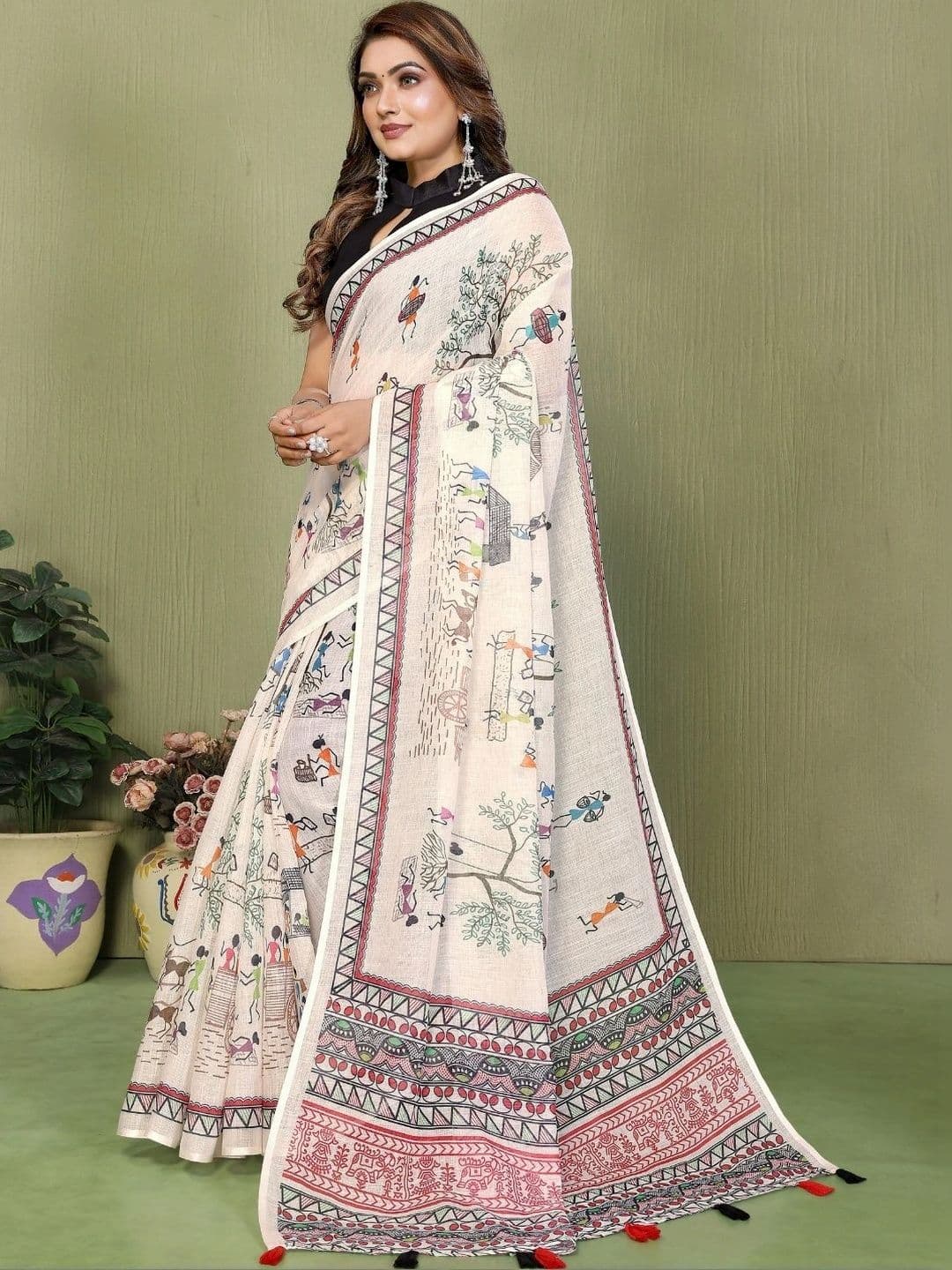 Mitera Warli Linen Blend Designer Saree thumbnail 5