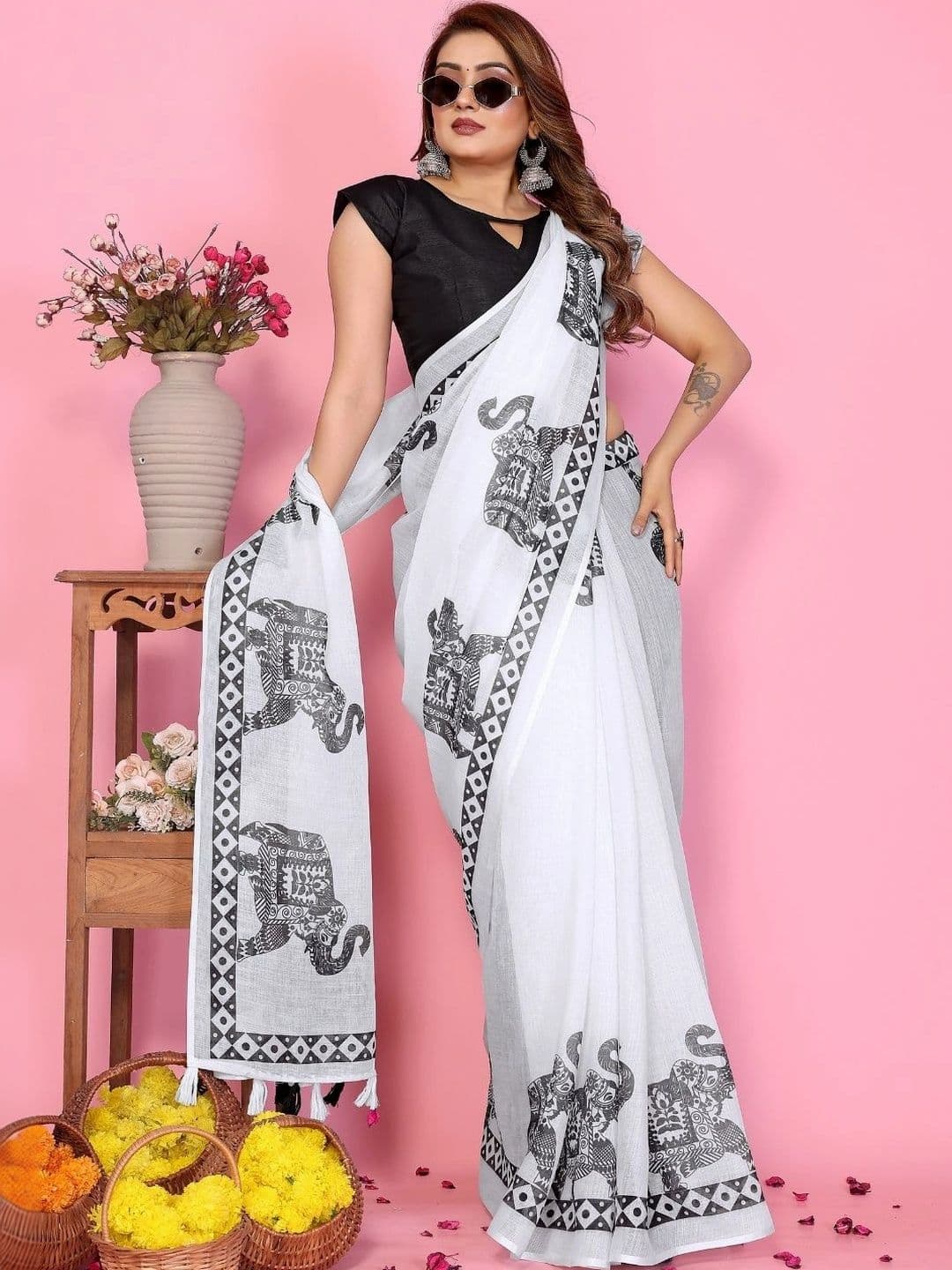 Mitera Warli Linen Blend Designer Saree thumbnail 6