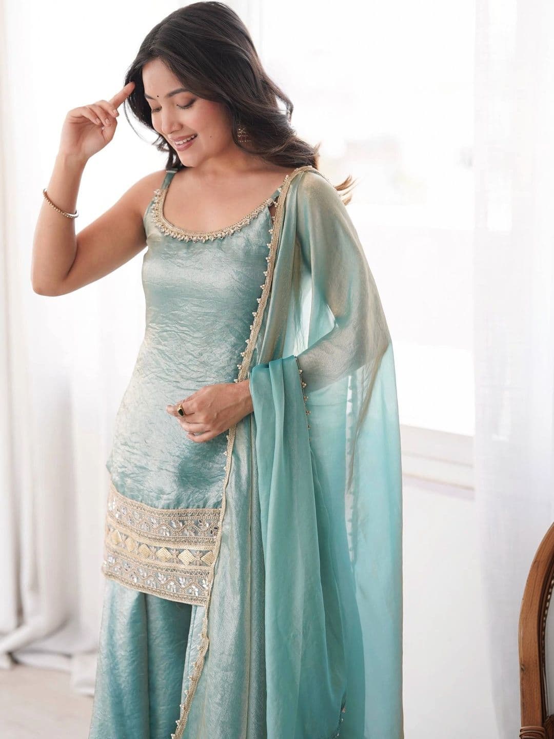 VastraBazaar Women Regular Sequinned Pure Silk Kurti with Sharara & With Dupatta thumbnail 3