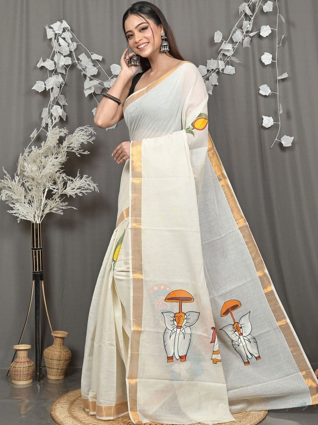 DipDiya Ethnic Motifs Sequinned Pure Cotton Handloom Taant Saree thumbnail 2