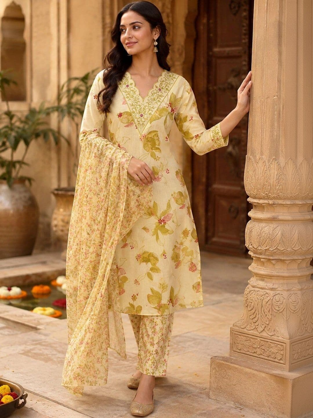 KALINI Women Floral Printed Regular Gotta Patti Pure Cotton Kurta with Trousers & Dupatta - view 1