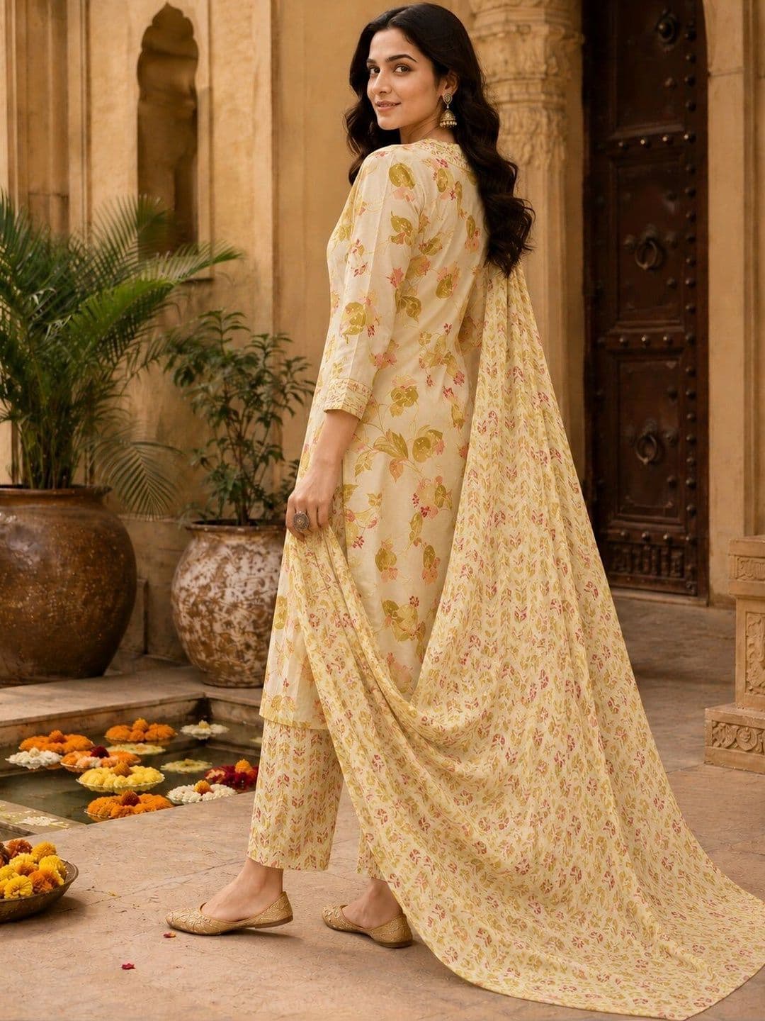 KALINI Women Floral Printed Regular Gotta Patti Pure Cotton Kurta with Trousers & Dupatta thumbnail 6
