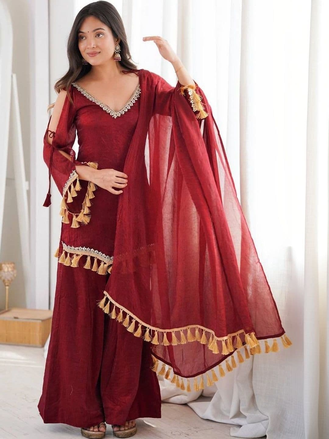 NORAFLEX Women Regular Gotta Patti Pure Silk Kurti  Sharara &  Dupatta thumbnail 2