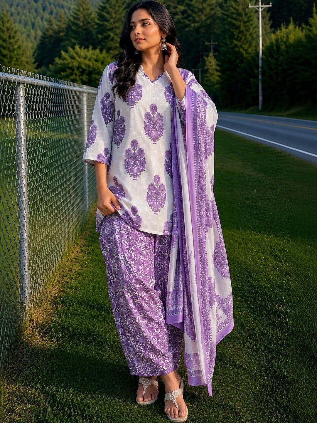 KALINI Women Floral Printed Regular Thread Work Pure Cotton Kurti with Palazzos & With Dupatta thumbnail 2