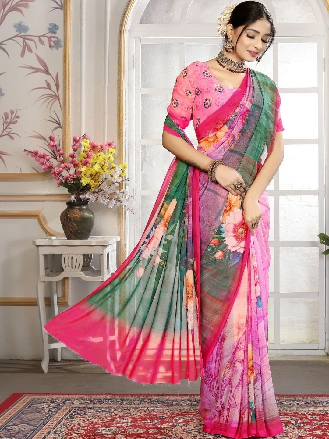 Mitera Floral Pure Georgette Designer Saree - view 1