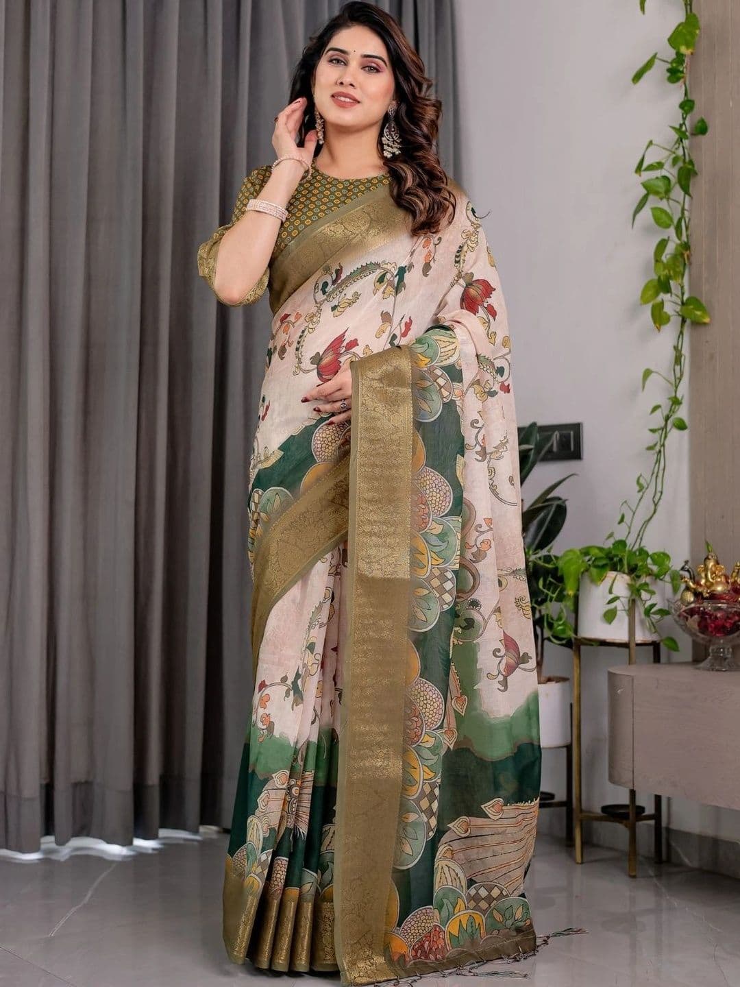 Mitera Kalamkari Zari Silk Blend Designer Saree thumbnail 5