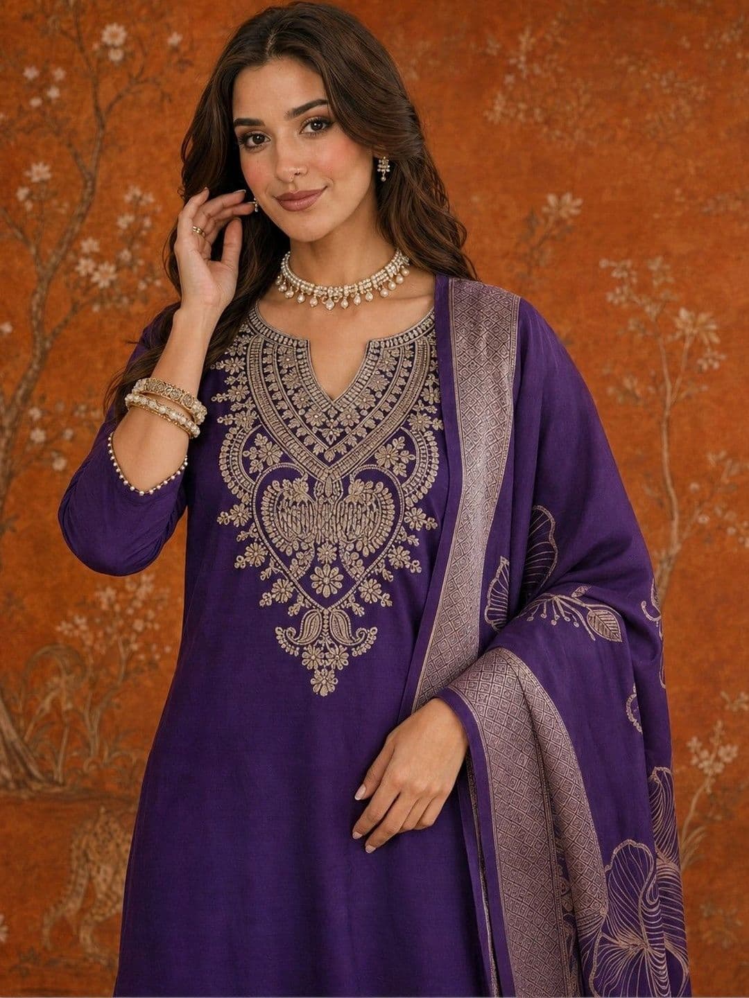 Sangria Women Ethnic Motifs Embroidered Regular Thread Work  Kurta & Trousers With Dupatta thumbnail 6
