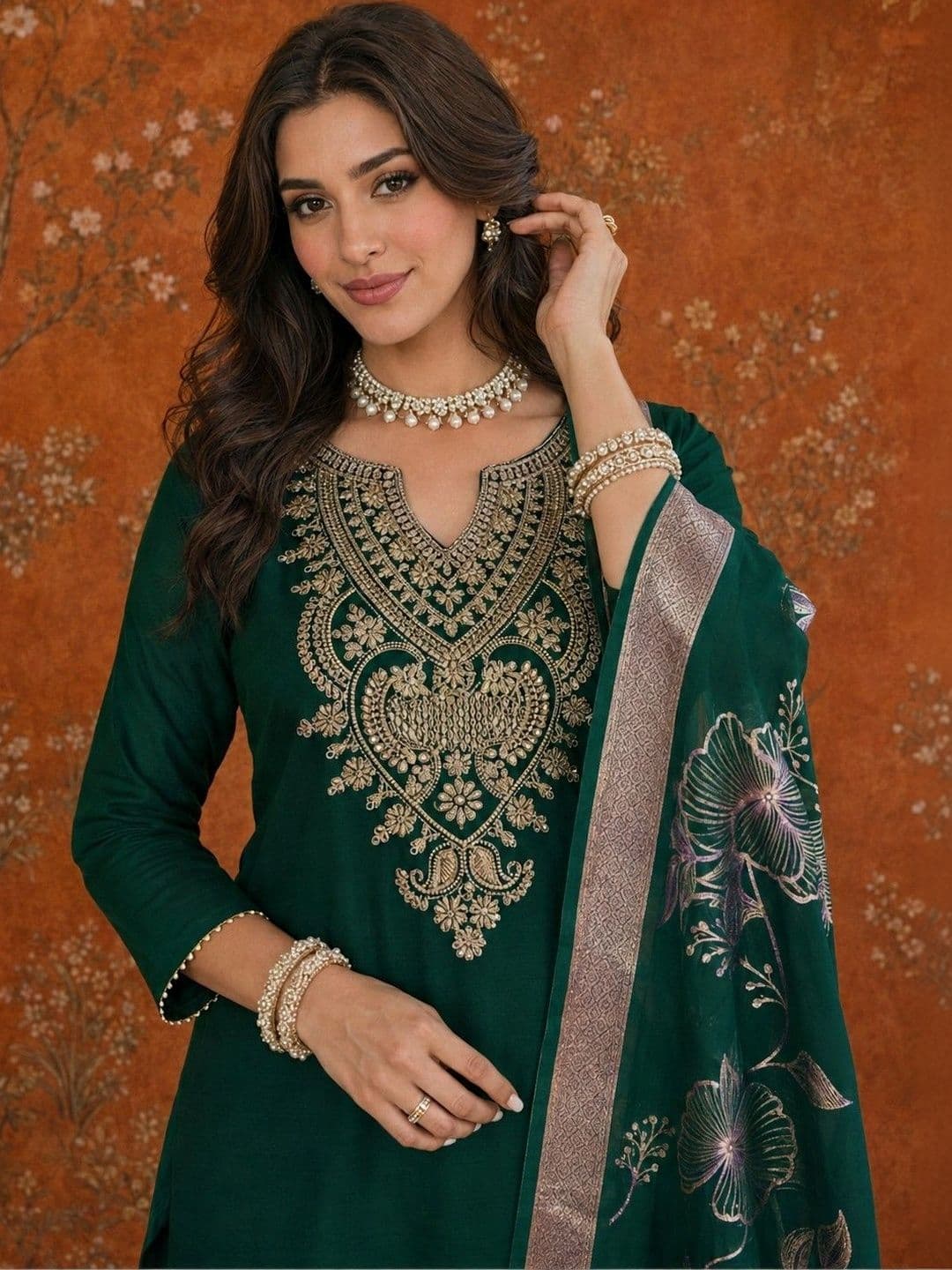 Sangria Women Ethnic Motifs Embroidered Regular Work Kurta with Trousers & With Dupatta thumbnail 5