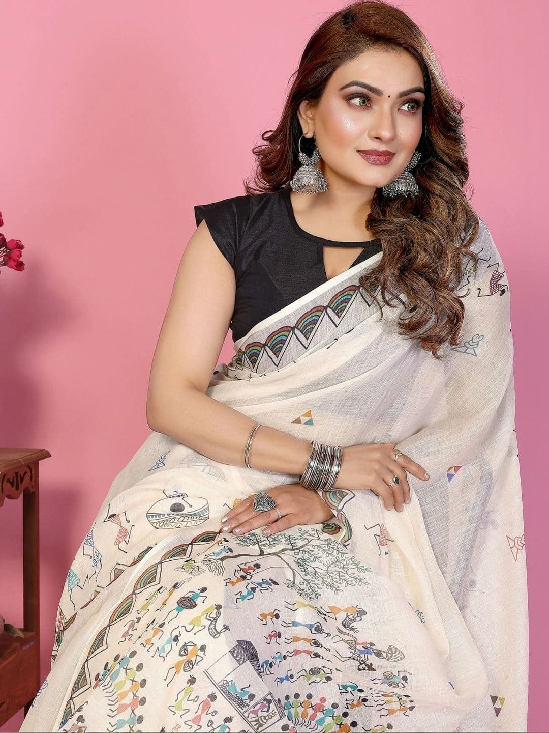 Mitera Warli Linen Blend Designer Saree thumbnail 3