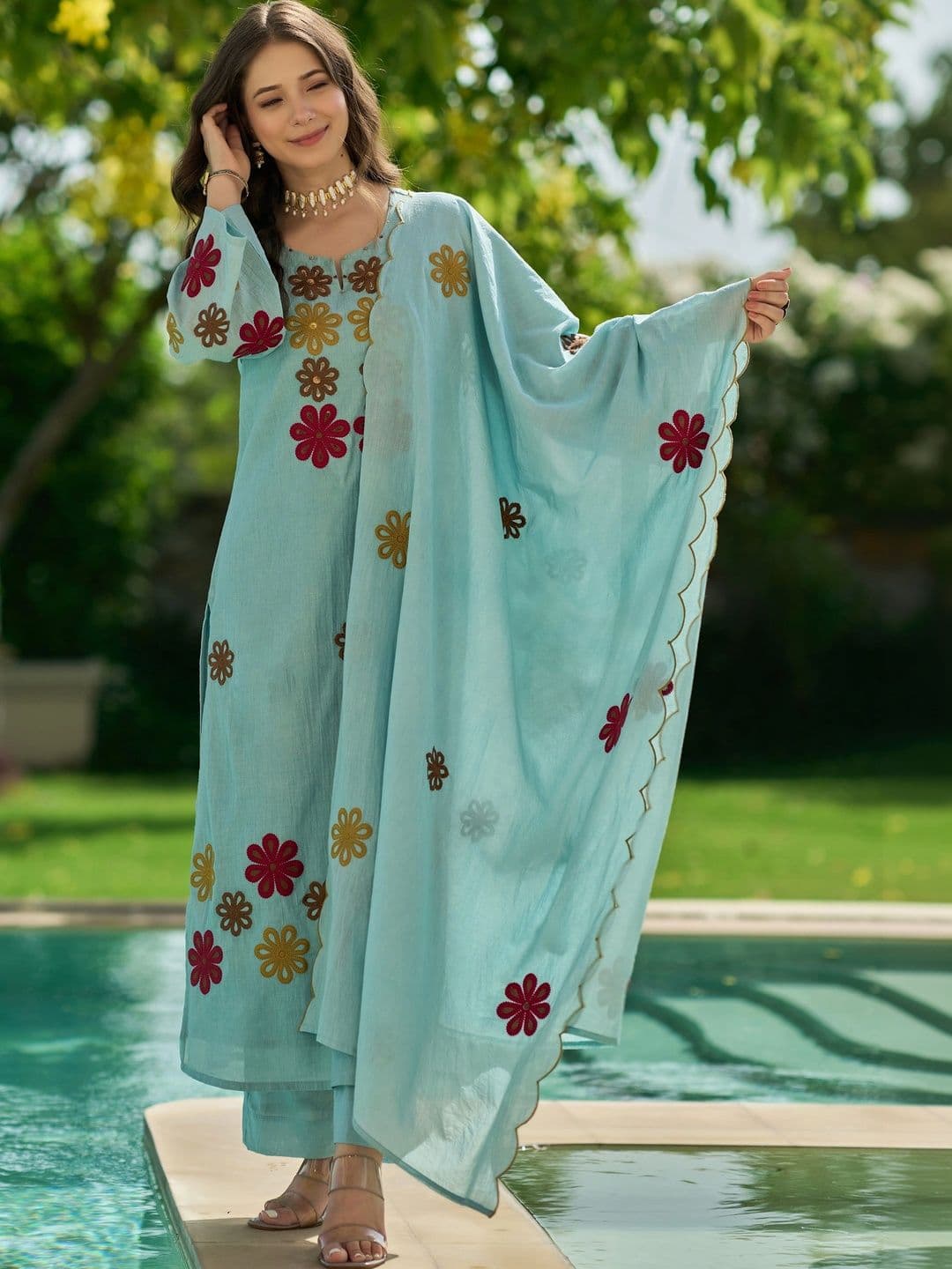 Ijya Women Floral Embroidered Regular Thread Work Chanderi Silk Kurta with Palazzos & With Dupatta thumbnail 2