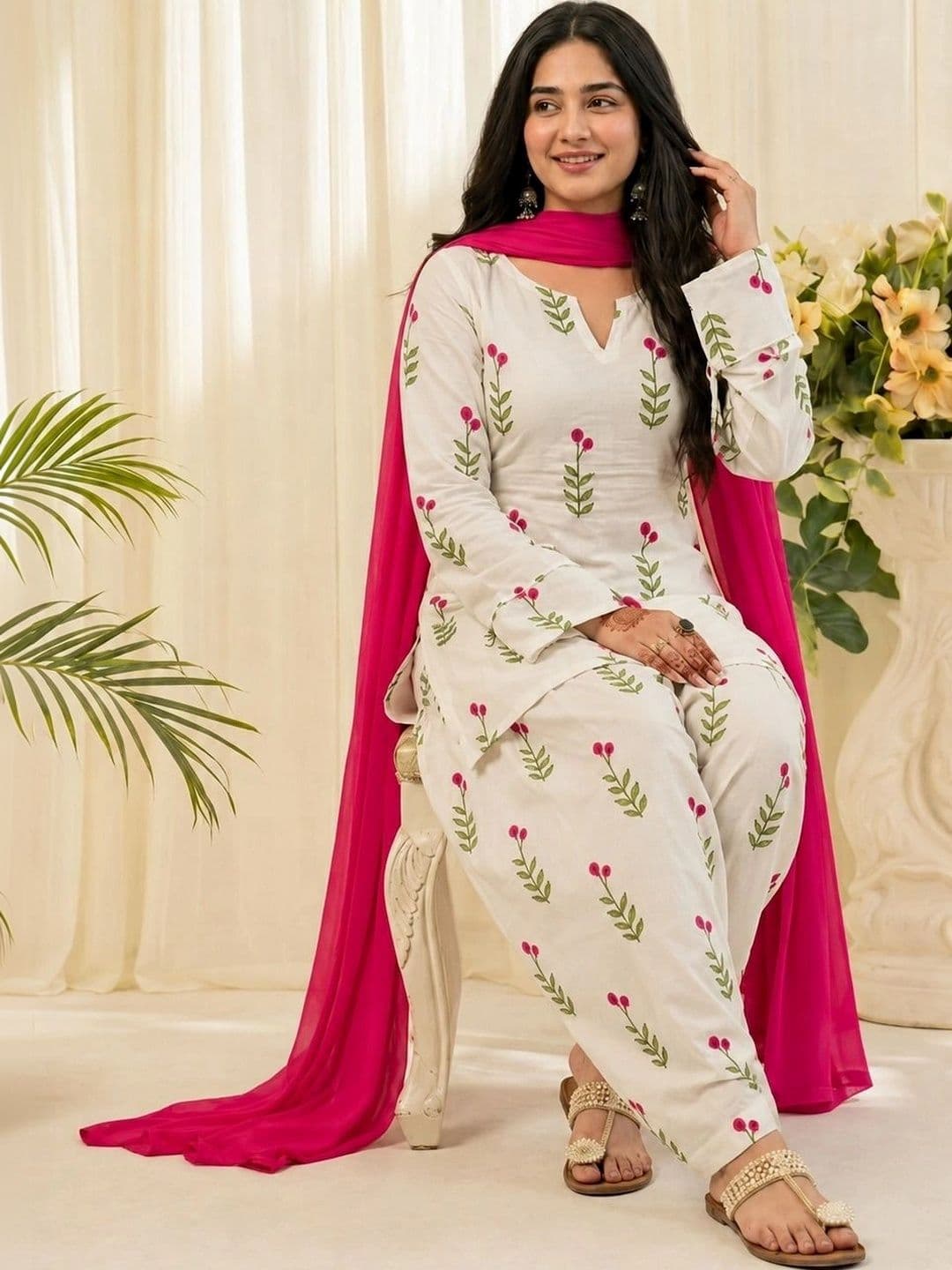 HERE&NOW Women Ethnic Motifs Printed Regular Pure Cotton Kurta with Patiala & With Dupatta thumbnail 2